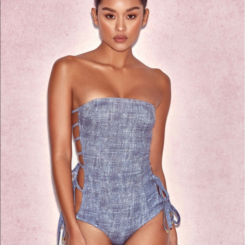 Demin one piece swimsuit with side lace up